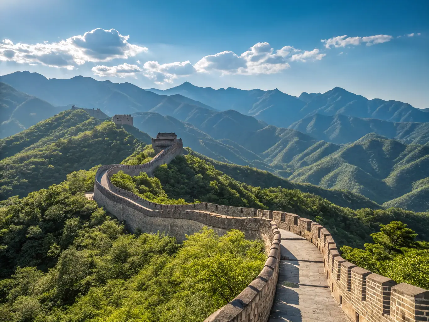 A stunning image of a traveler standing in front of the Great Wall of China, with rolling hills and clear blue skies in the background, representing historical exploration.