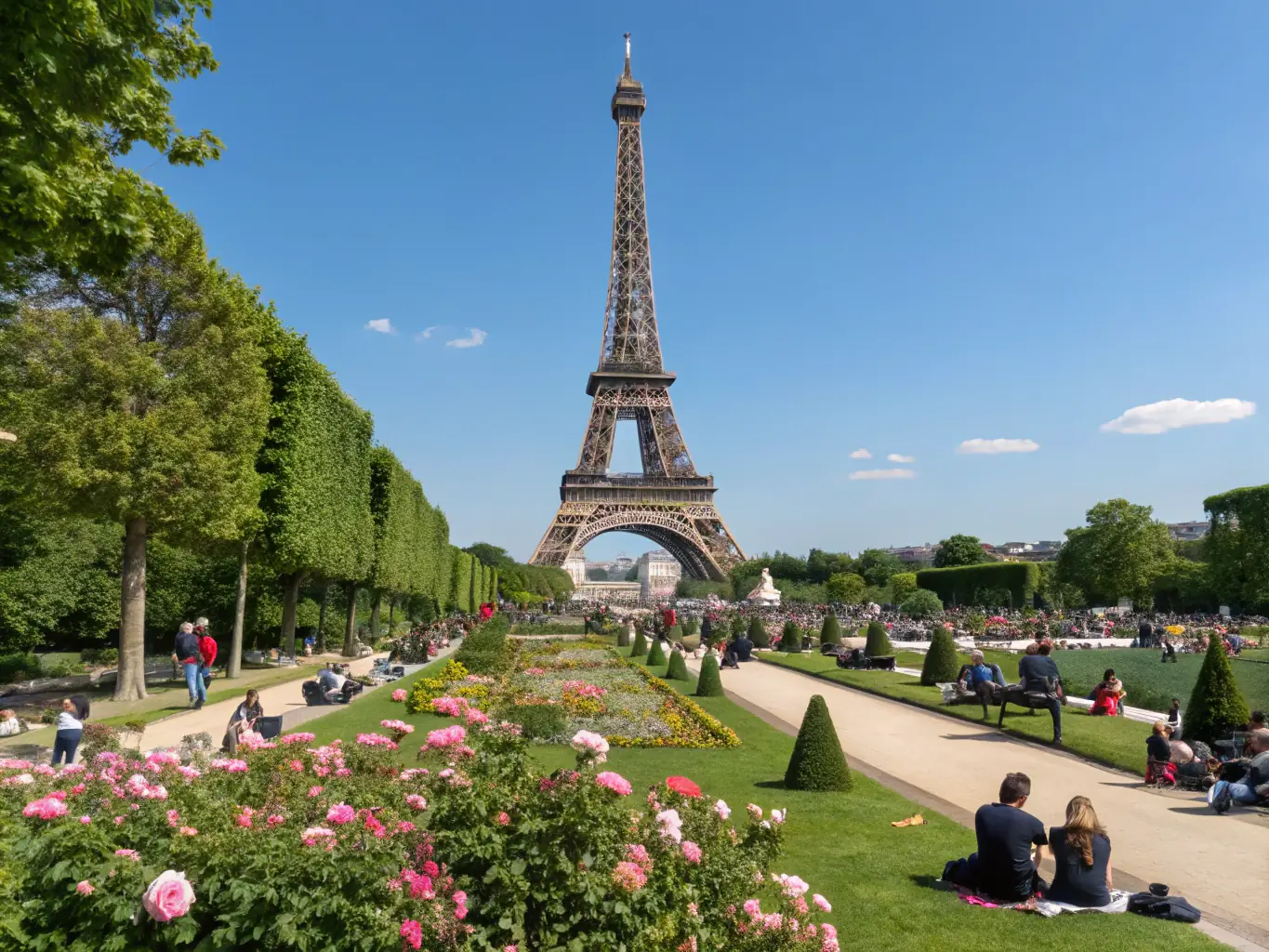 A vibrant image of the Eiffel Tower in Paris, France, capturing the romantic atmosphere and architectural beauty of the city, with tourists enjoying the view in the foreground.
