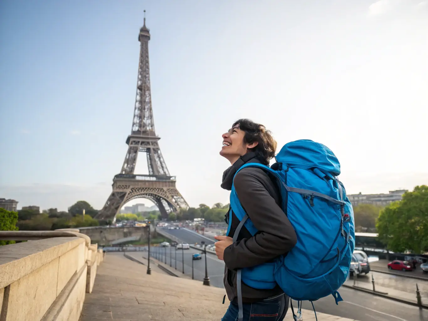 A vibrant image of a traveler consulting a detailed map in front of the Eiffel Tower in Paris, with a sunny sky in the background, representing expert travel guidance.