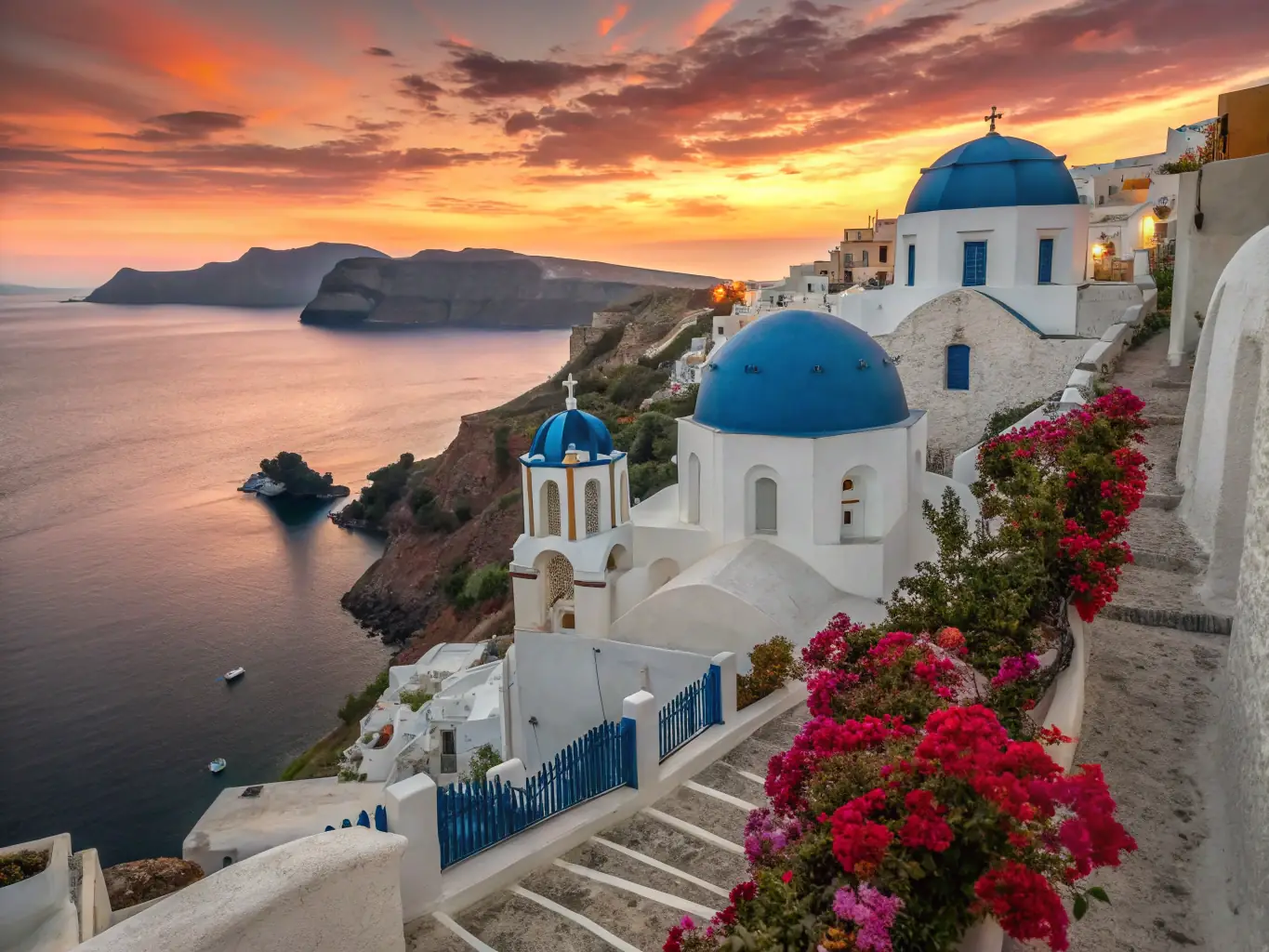 A picturesque image of Santorini, Greece, with its iconic white buildings and blue domes overlooking the Aegean Sea, capturing the serene and idyllic atmosphere of the island.