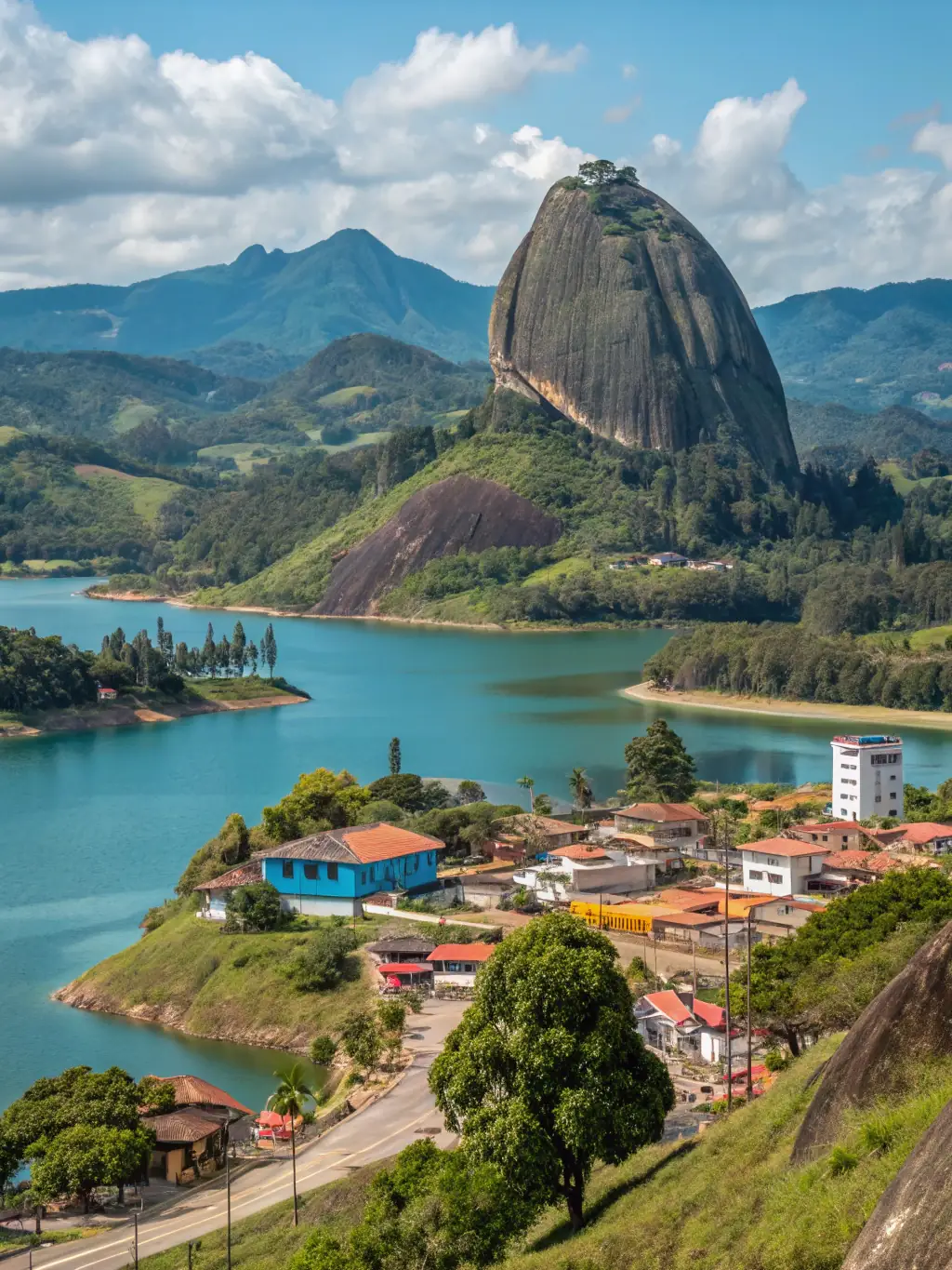 A serene image of the colorful houses in Guatapé, Colombia, reflected in the calm waters of the Peñol-Guatapé reservoir, showcasing the town's unique charm and vibrant culture.