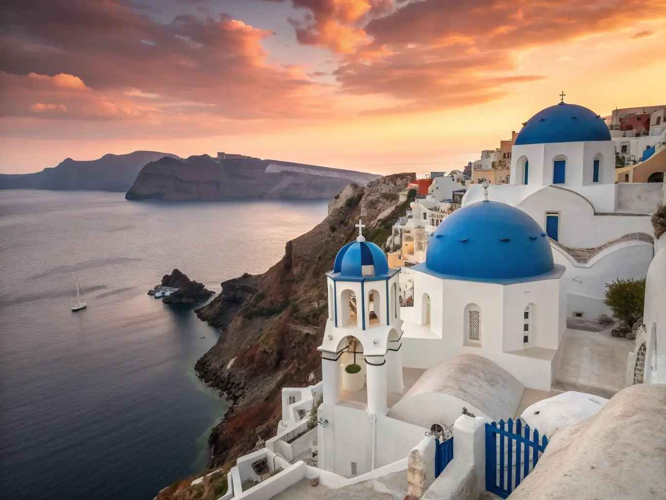 A picturesque scene of Santorini, Greece, with its white-washed buildings, blue domes, and stunning views of the Aegean Sea at sunset.