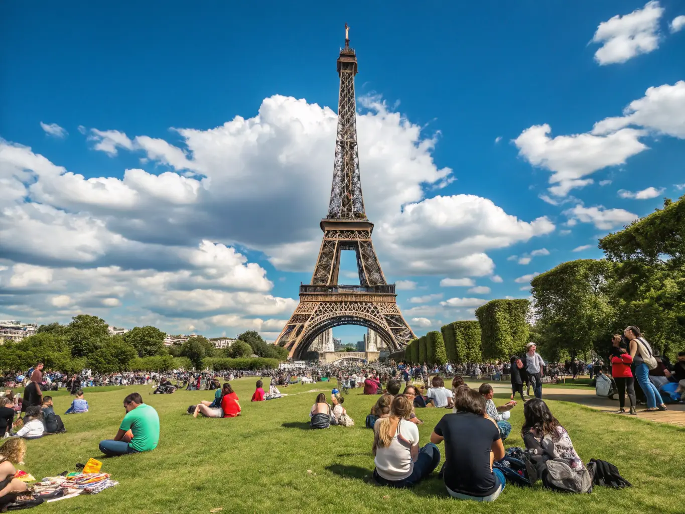 A vibrant image of the Eiffel Tower in Paris, with tourists enjoying the surrounding gardens and cityscape, capturing the essence of a classic travel destination.