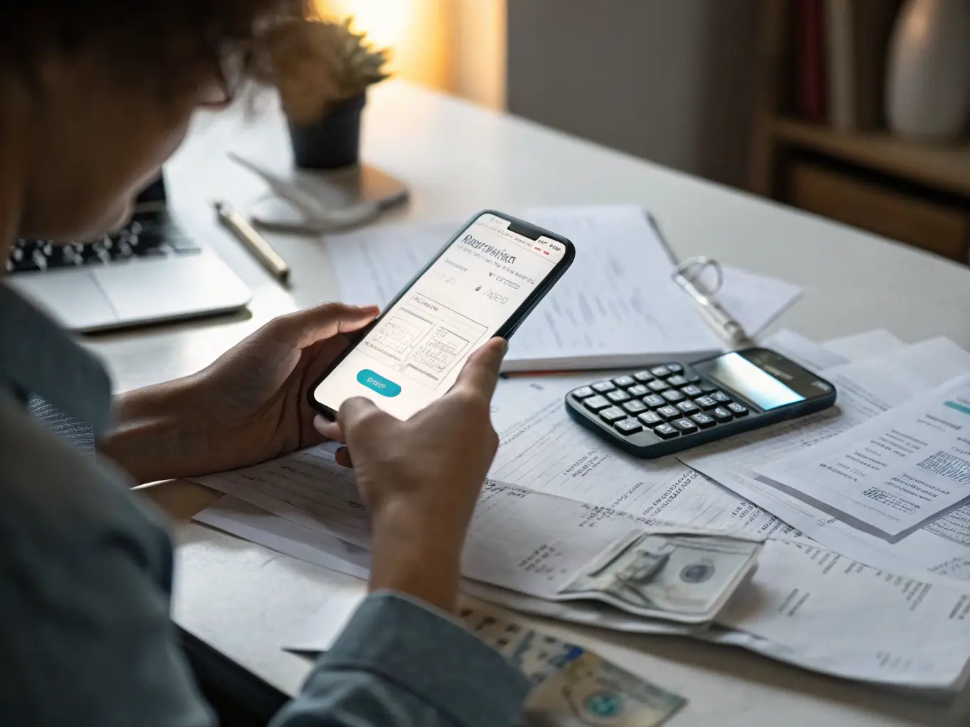 A traveler carefully organizing their travel budget using a budgeting app on their smartphone, with currency and receipts scattered around, representing financial planning for travel.