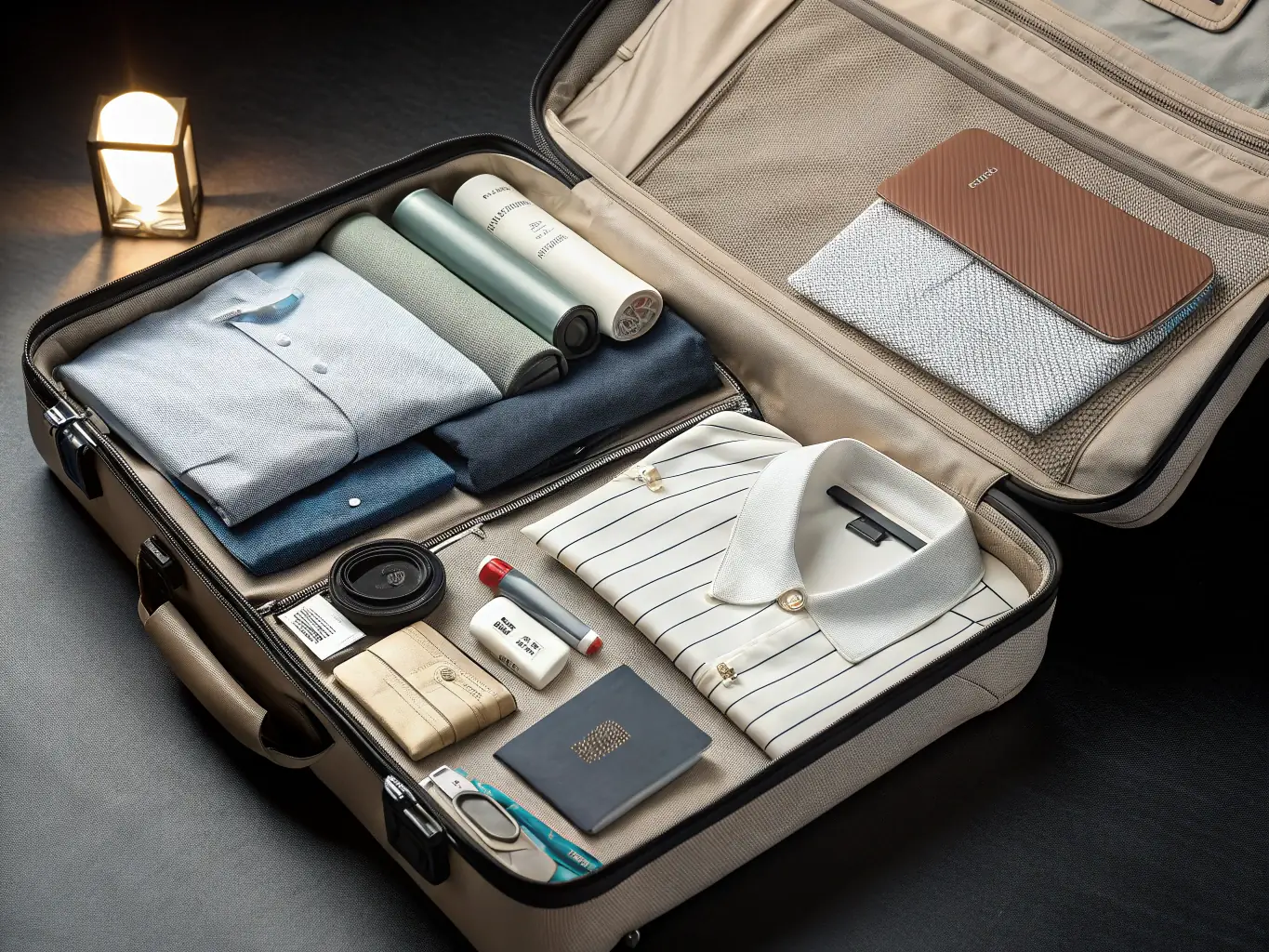 An open suitcase with neatly folded clothes and travel essentials, placed on a bed with a world map in the background, illustrating the importance of smart packing.