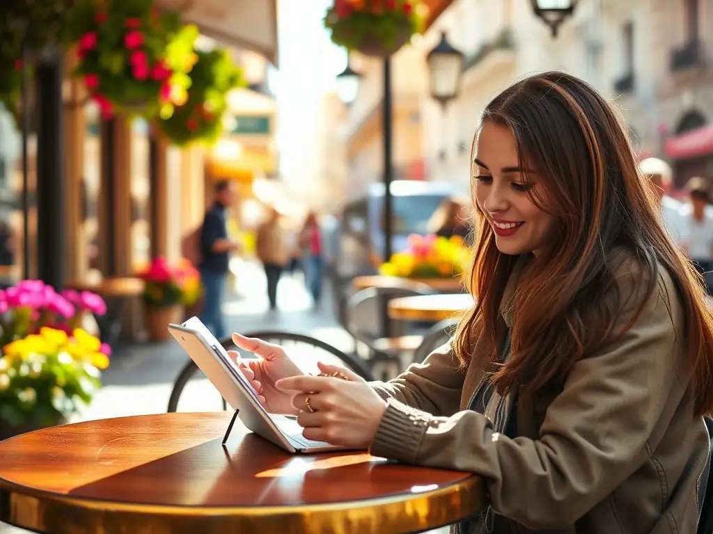 A traveler using a digital tablet to plan their itinerary at a cozy cafe, with travel guides and maps spread around them, symbolizing the ease of planning with digital tools.
